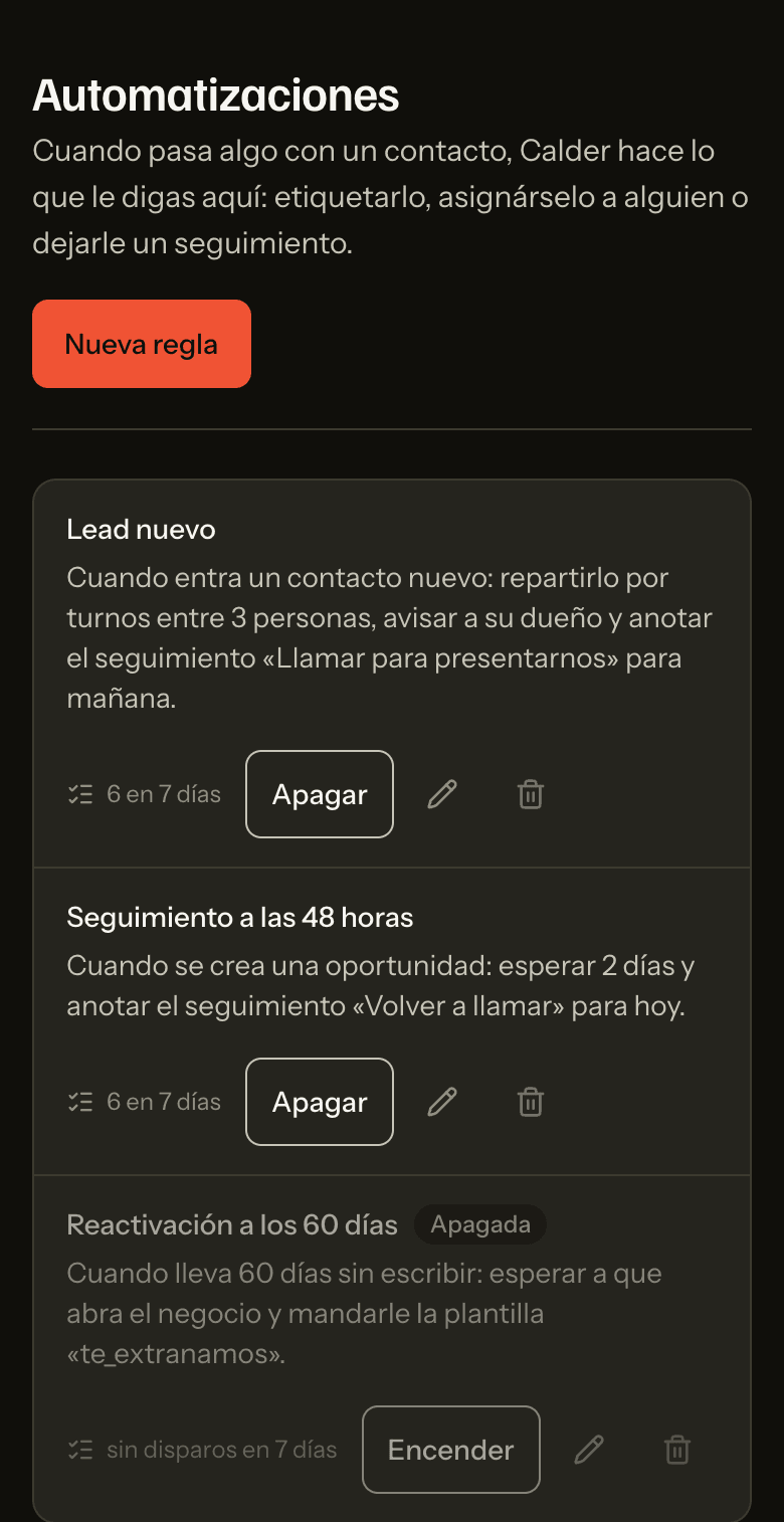 La pantalla de automatizaciones con tres reglas, su frase completa y el contador de disparos de los últimos siete días.